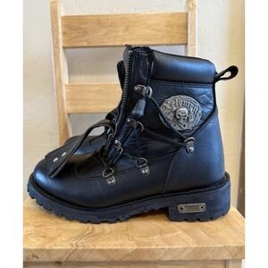 Xelement Women's Leather Motorcycle Riding Boots Size 8.5 Black Side Zip Skull
